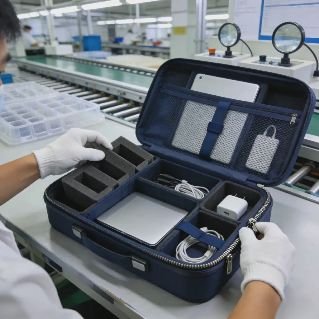 Travel tech case with compartments manufacturing at our factory