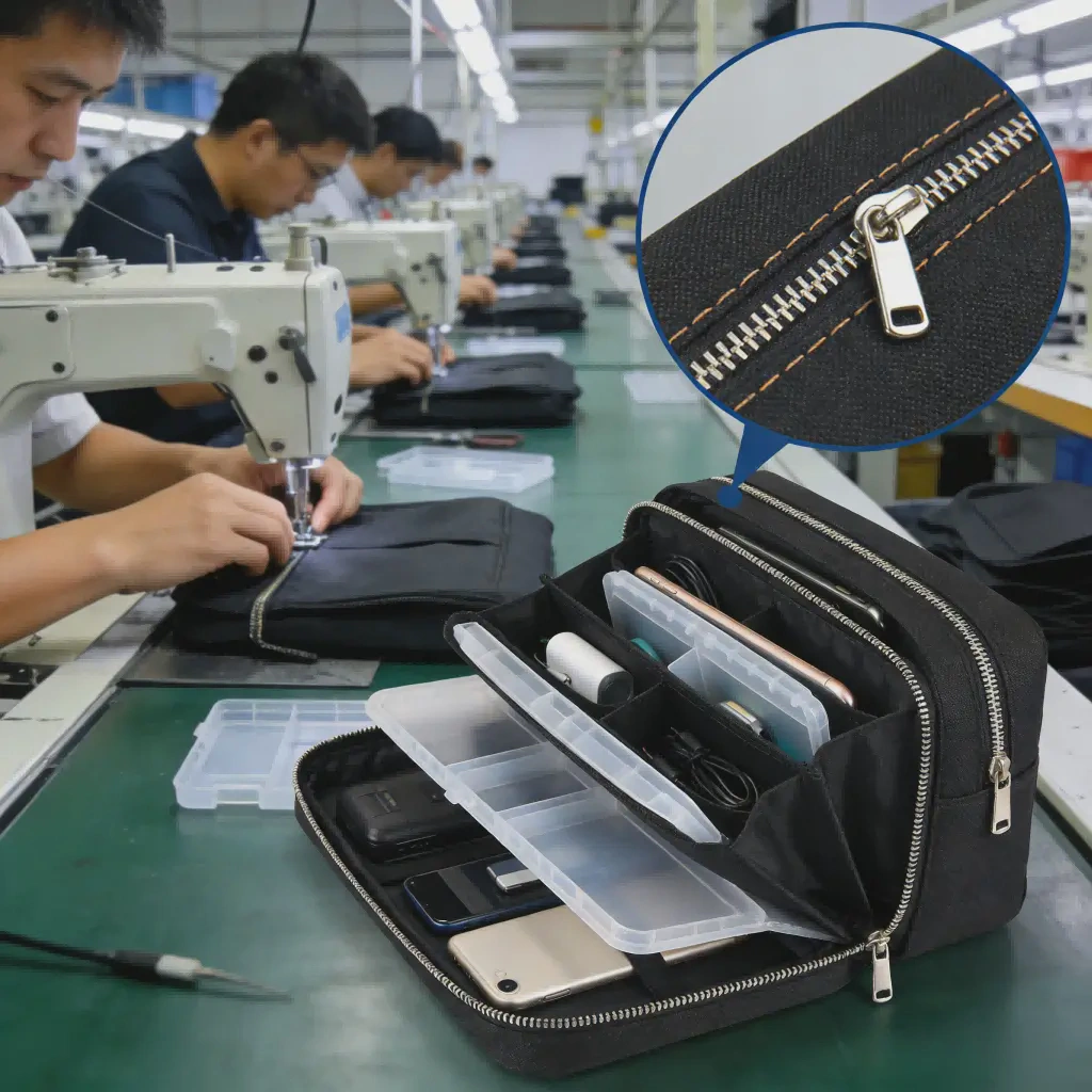 Travel tech pouch with compartments manufacturing process