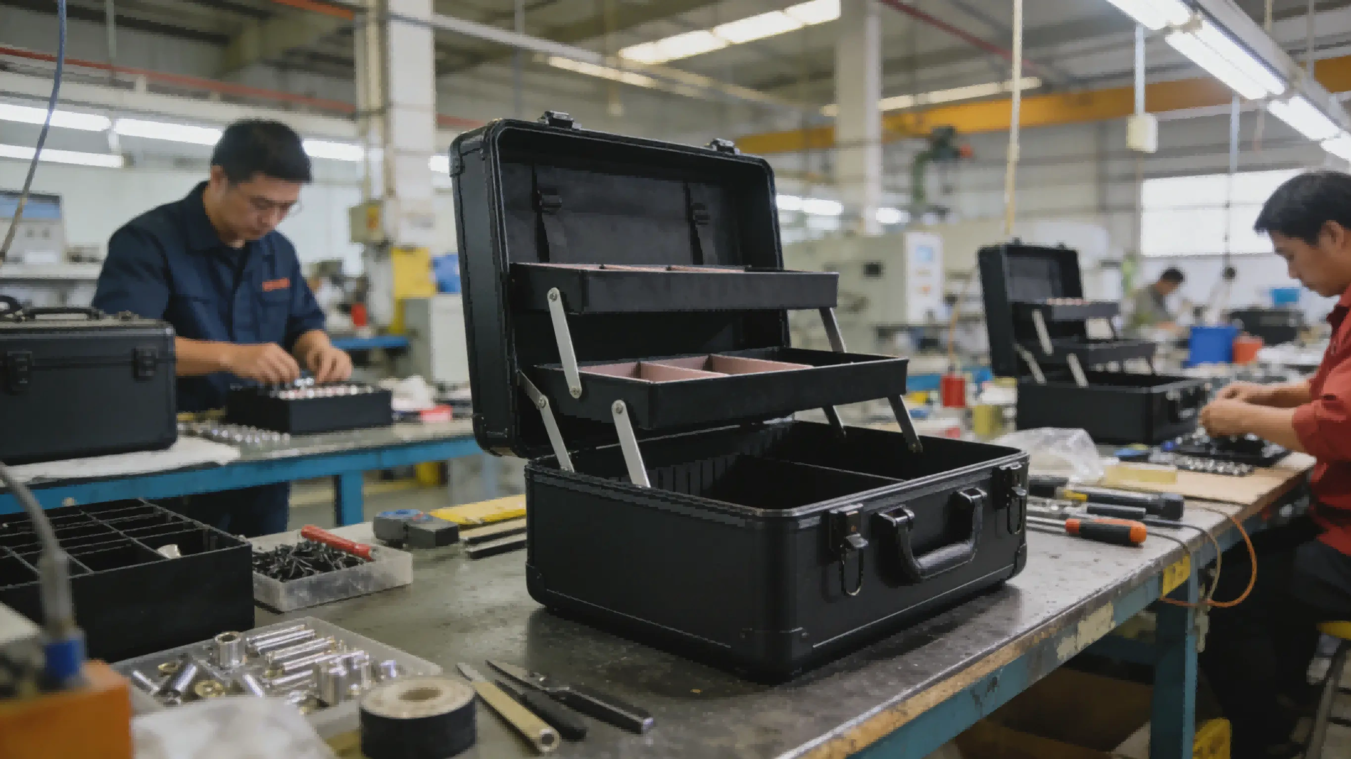 Black travel cosmetic case with compartments production